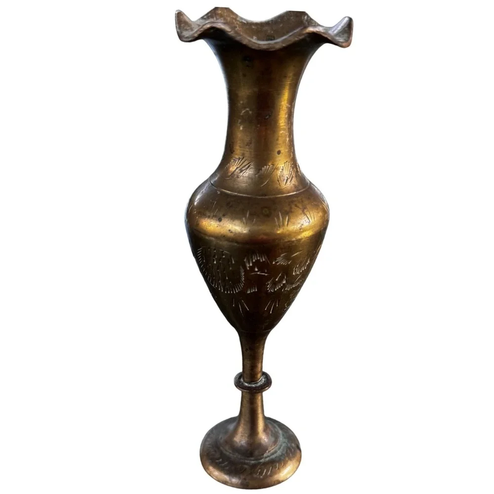 Vintage Etched Brass Bud Vase, Floral Design, Small, Tall, Decorative